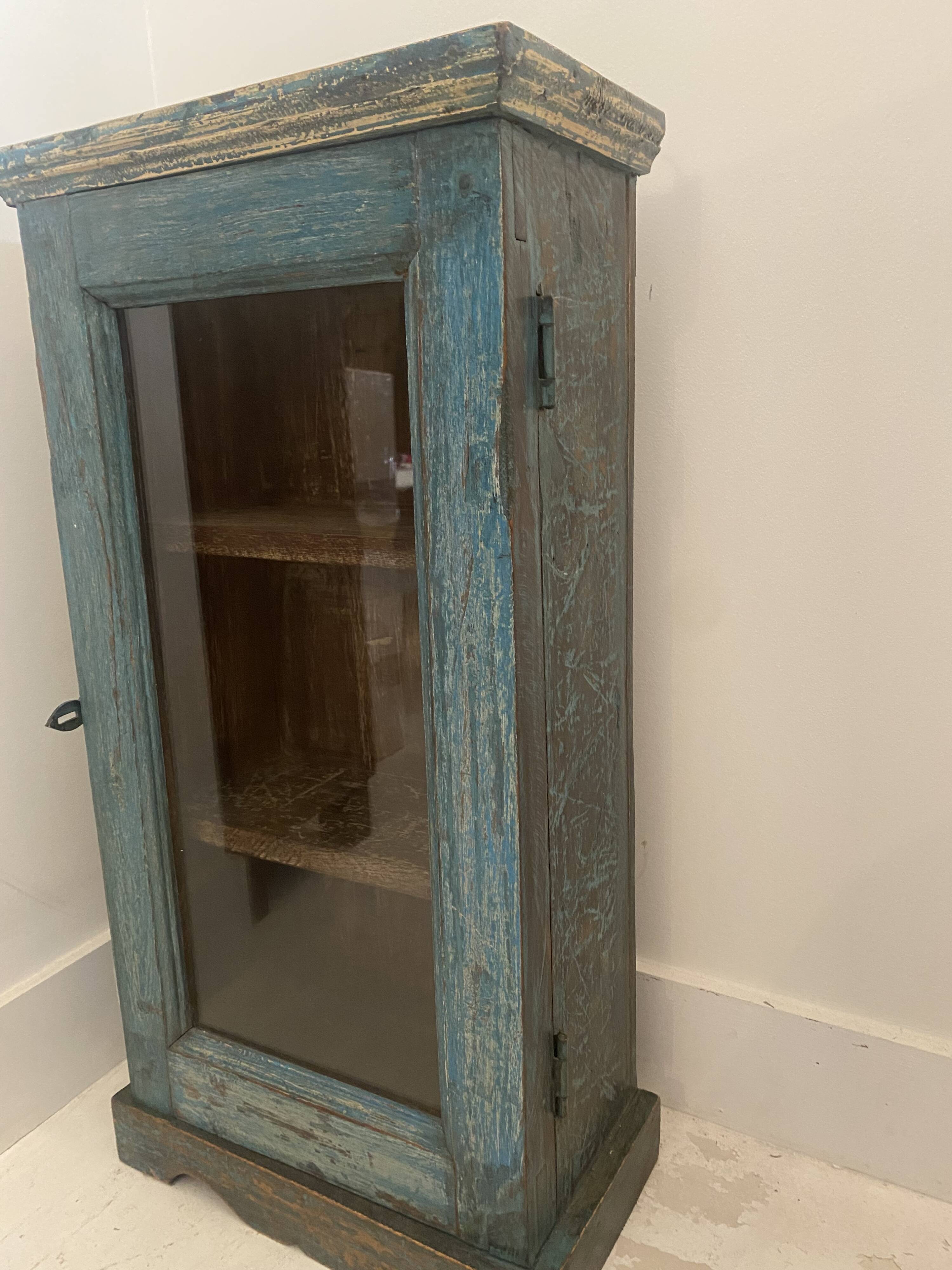 Small wall display case in blue lacquered teak