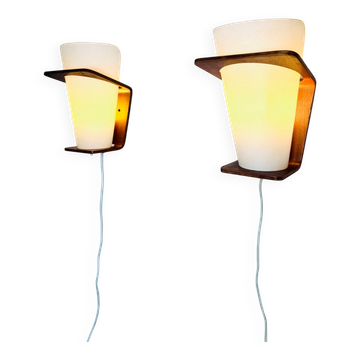 Nx41 Wood And Curved Glass Wall Lamps By Louis Kalff For Philips, The Netherlands 1950S