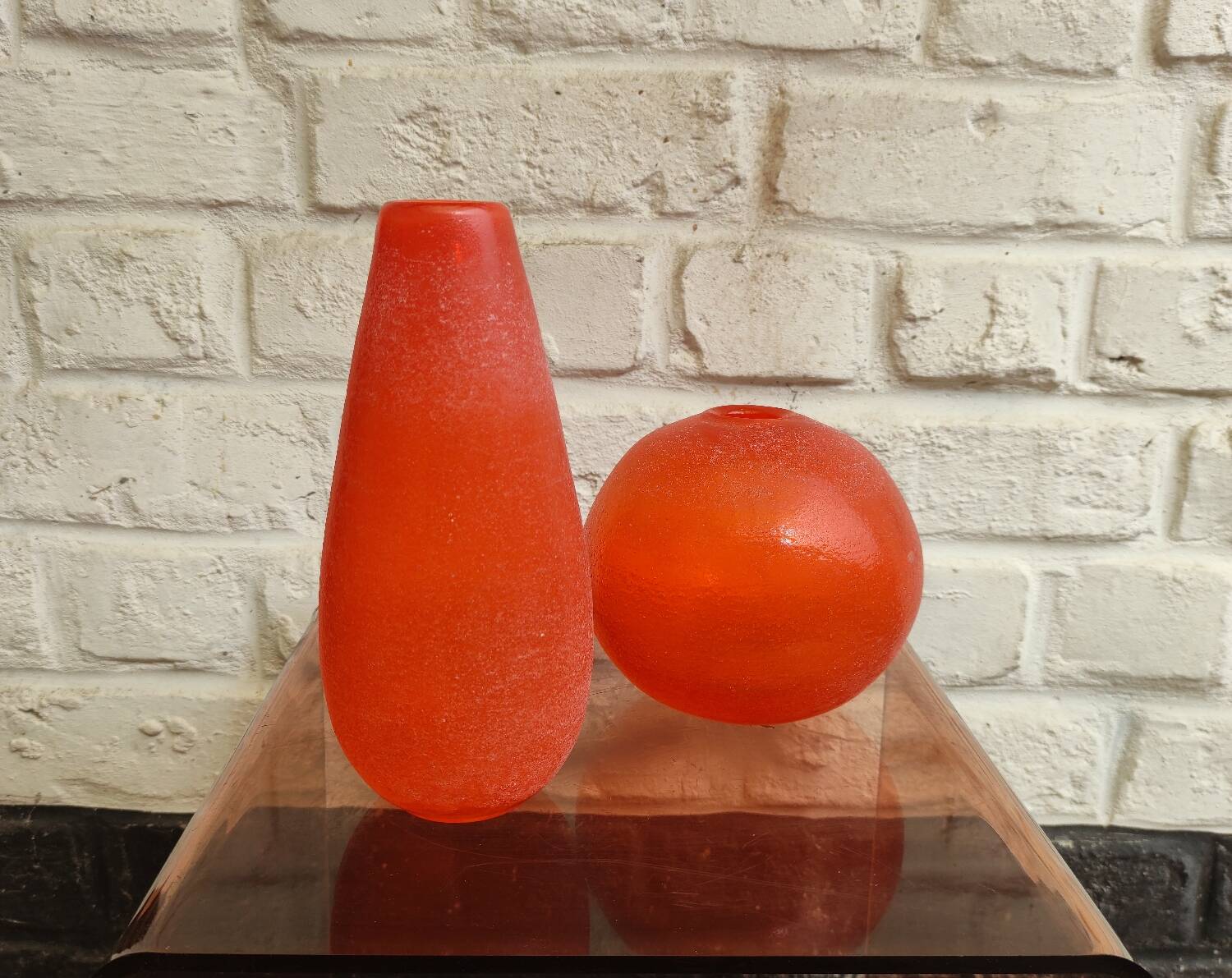 Pair of Murano vases by Seguso - Vintage Corroso glass in orange.