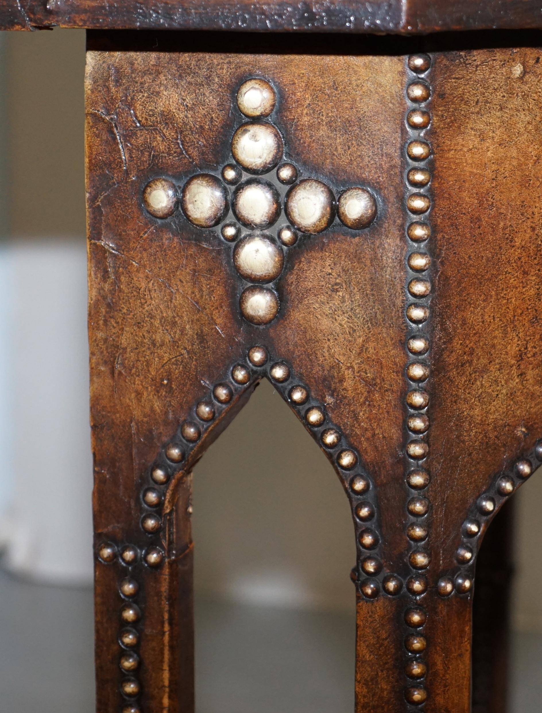 Antique Leather Studded Console Table in Gothic Pugin Style Restored