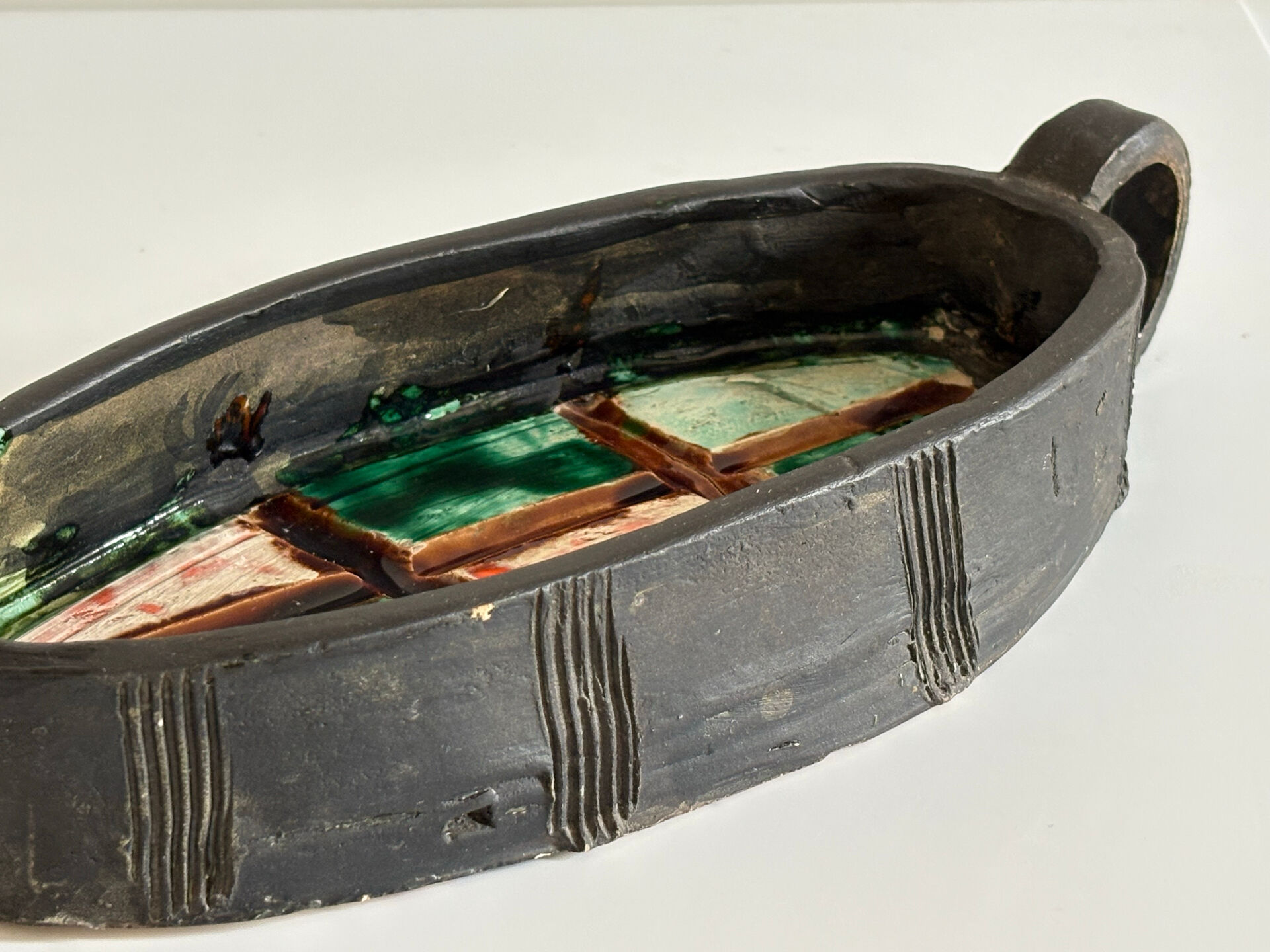 Oval bowl with two handles in glazed ceramic, 1970-71