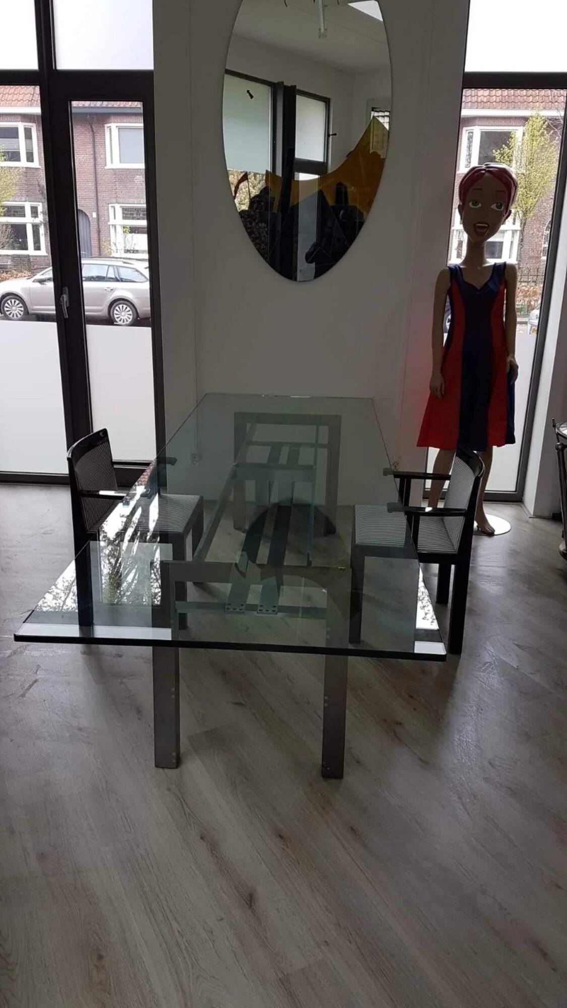 Table à manger en acier brossé avec plateau en verre - Doge - Carlo Scarpa pour Simon - années 1970