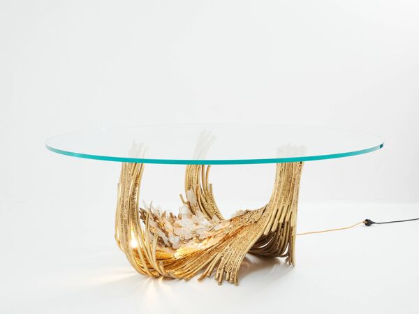 Table à manger sculpture laiton cristaux de roche Isabelle Faure 1970