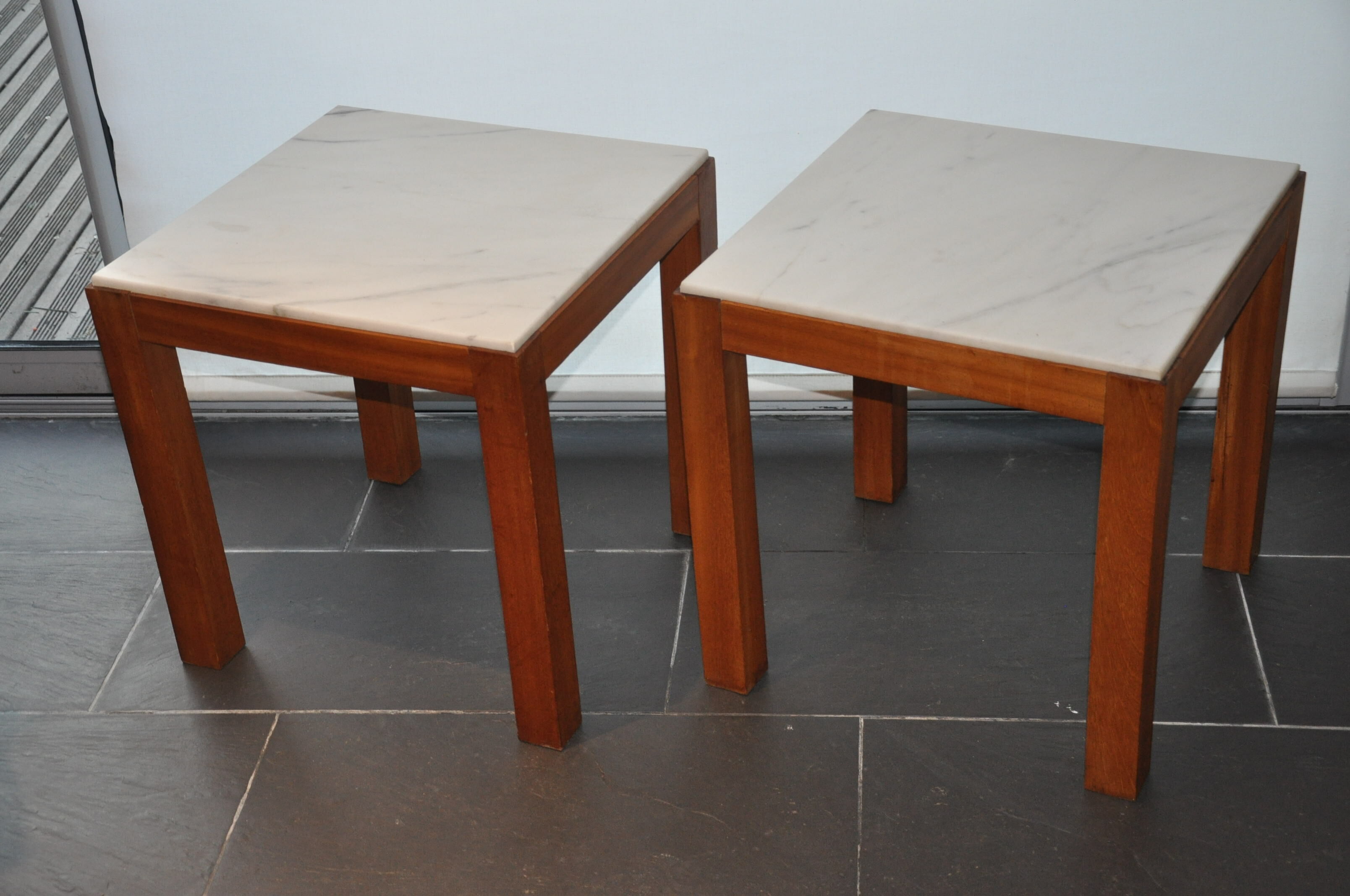 Pair of wooden and marble side tables