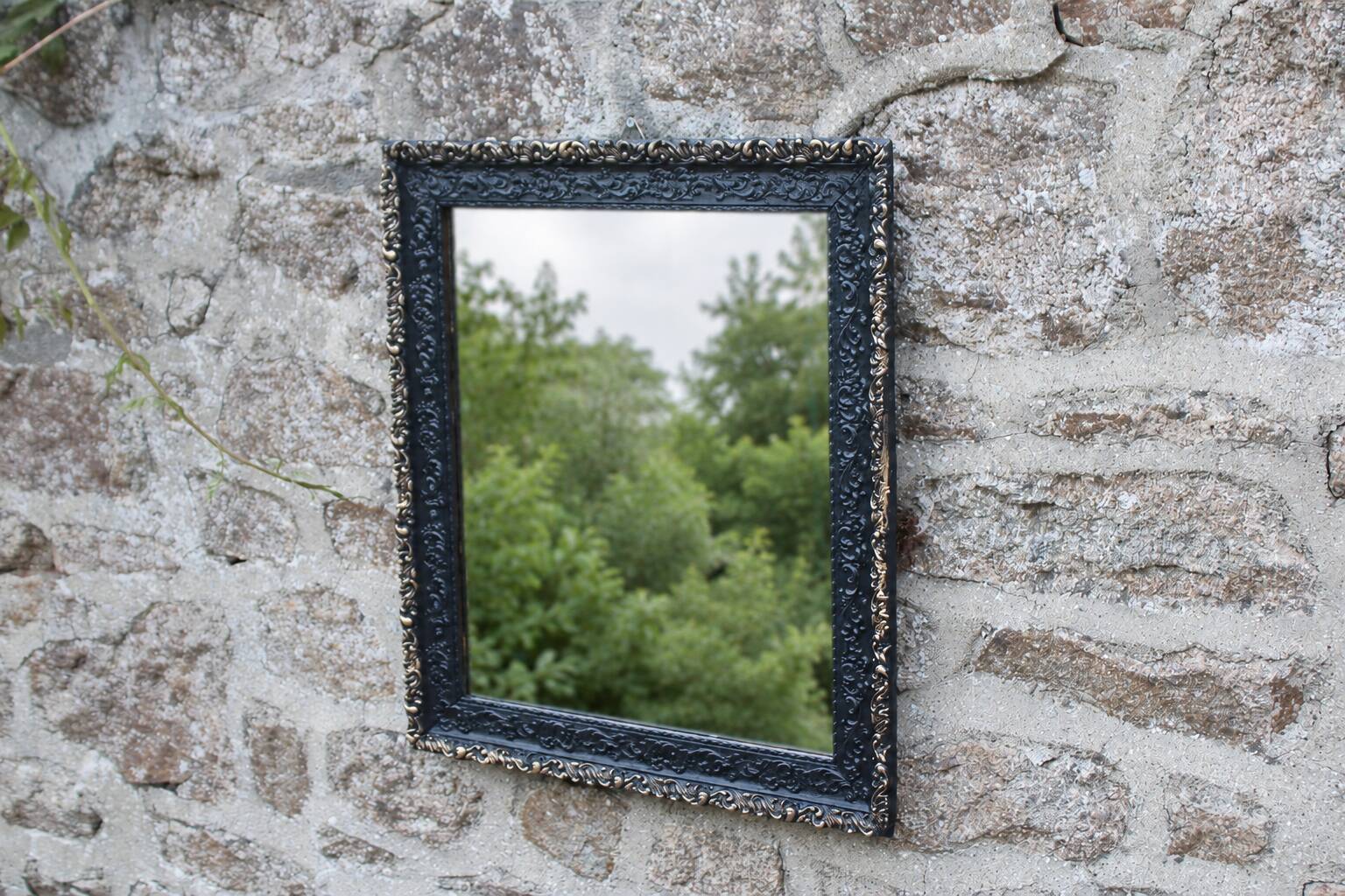Vintage wooden and stucco mirror in patinated midnight blue with gold – baroque style – 51 ×