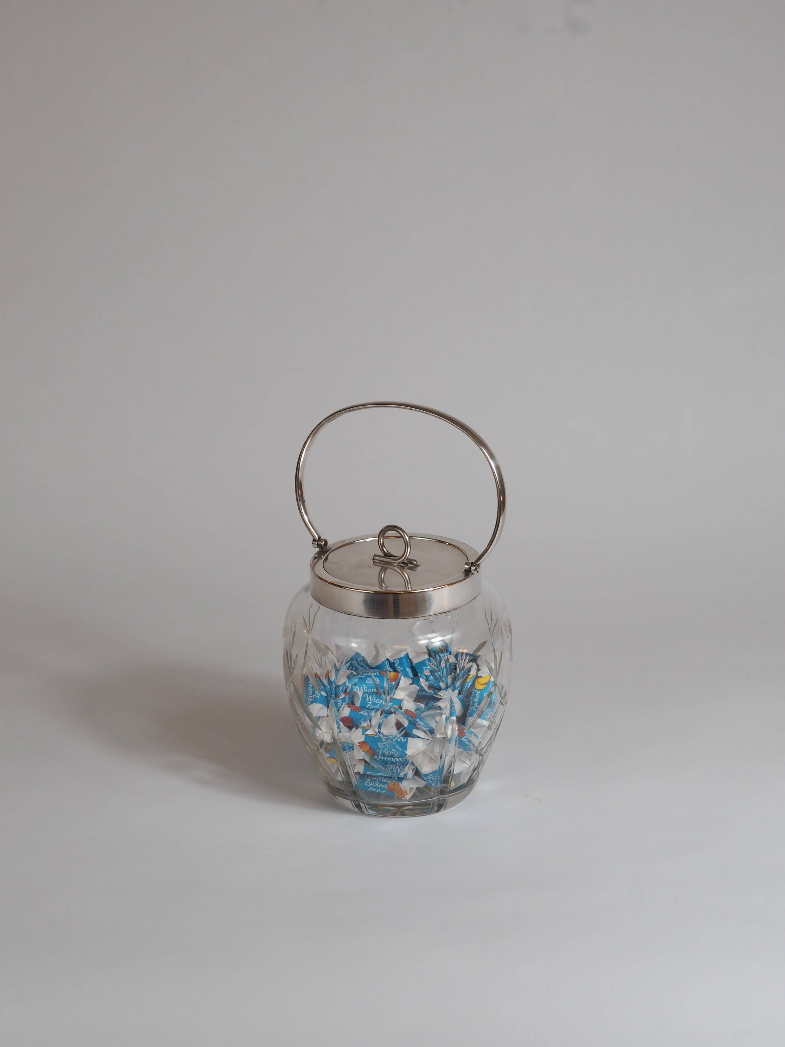 Crystal biscuit barrel with silver-plated mounts and handle, Austrian cut, 1920s.