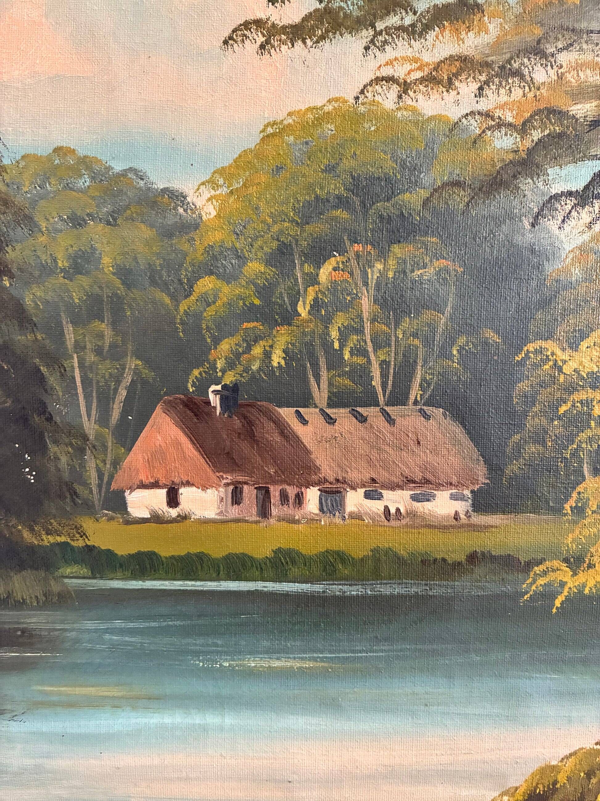 Vintage signed cottage lake landscape oil painting