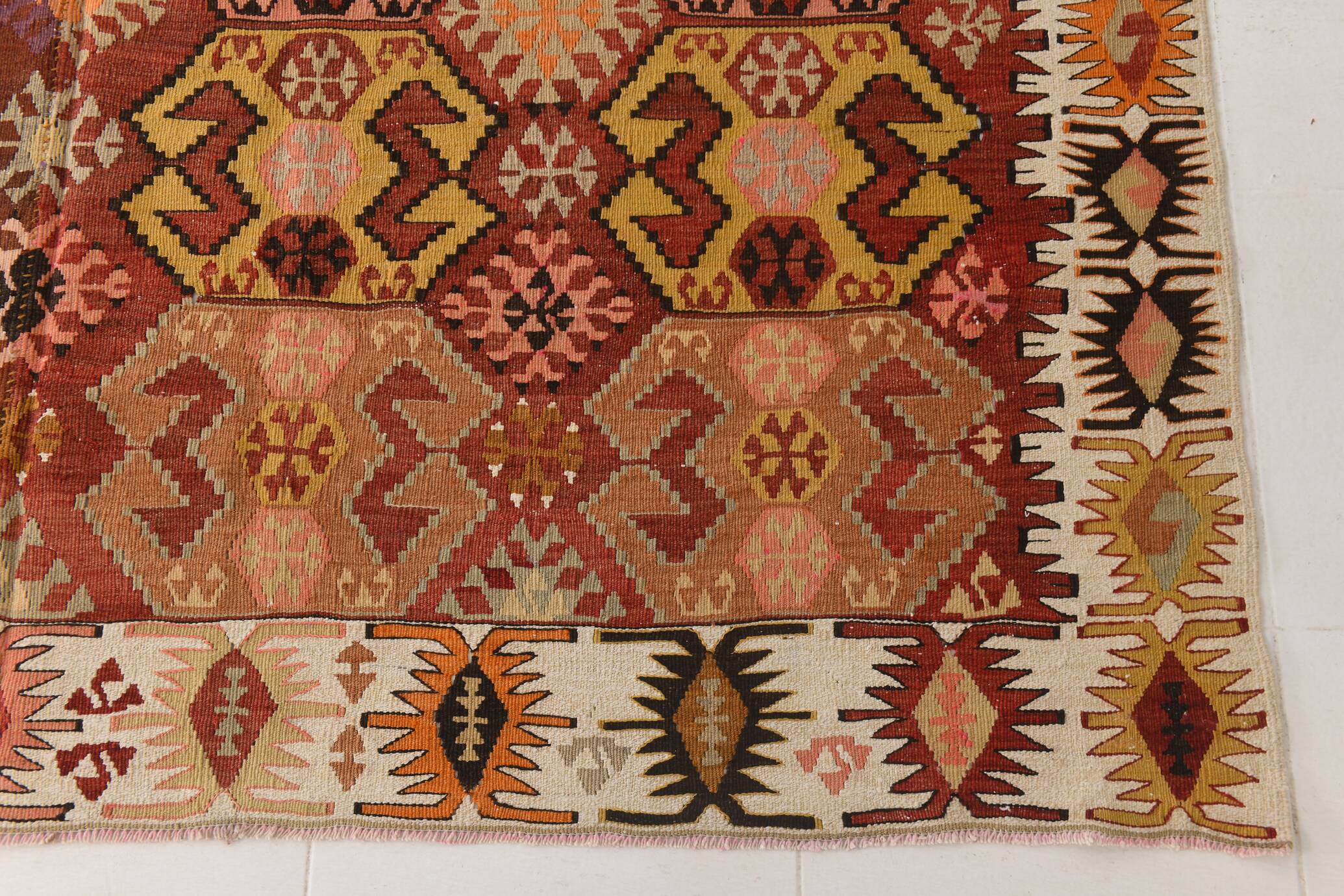 Tapis Kilim couleur terre cuite 212x438Cm, tapis en laine tissé à la main, tapis Oushak