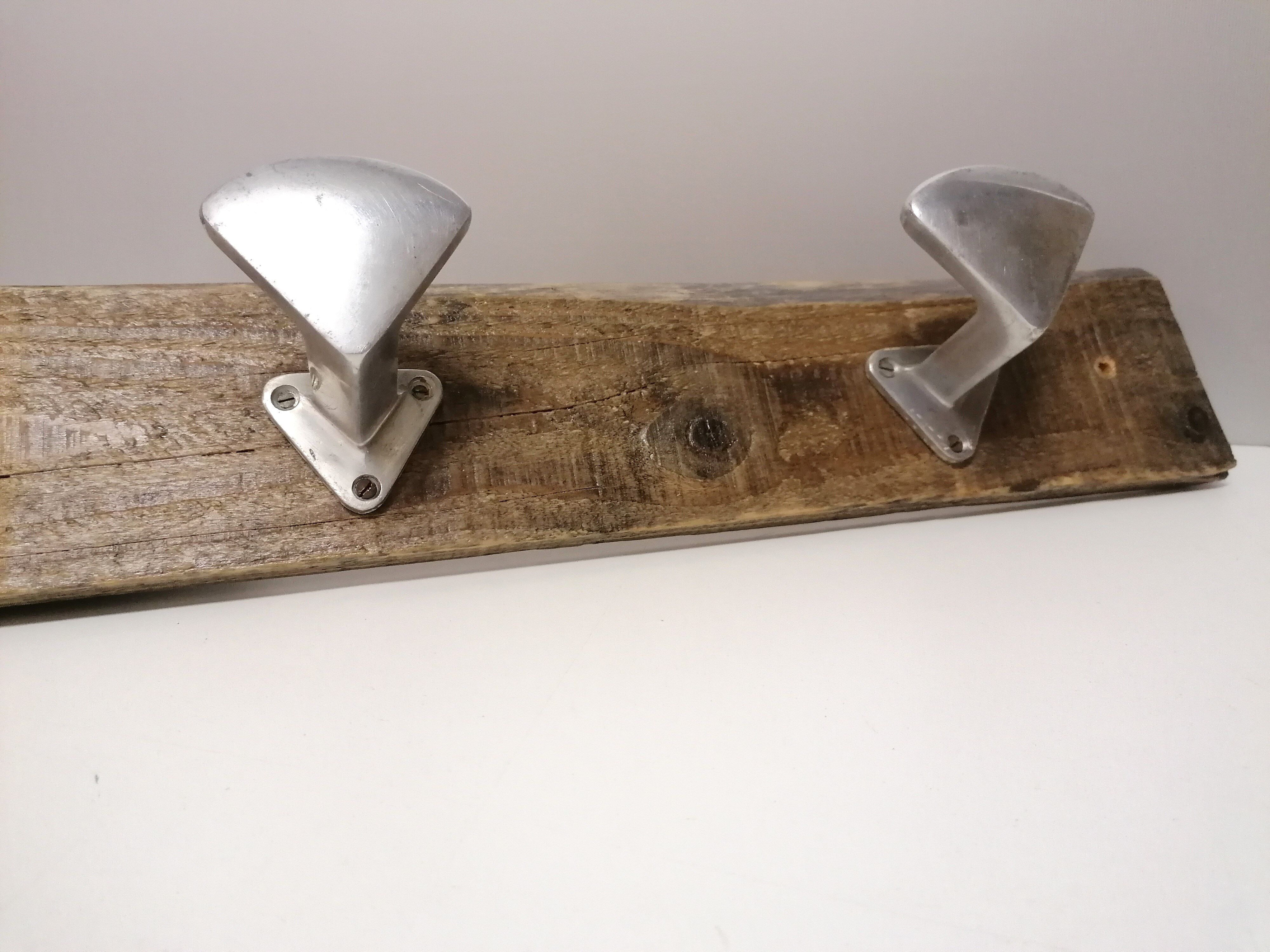 Former farm coat rack - 4 metal patères - wood support - 50s