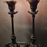 2 lampes tripode empire  napoleon 1890 tulipes gravé a l acide dans le bacara non signe 46x15