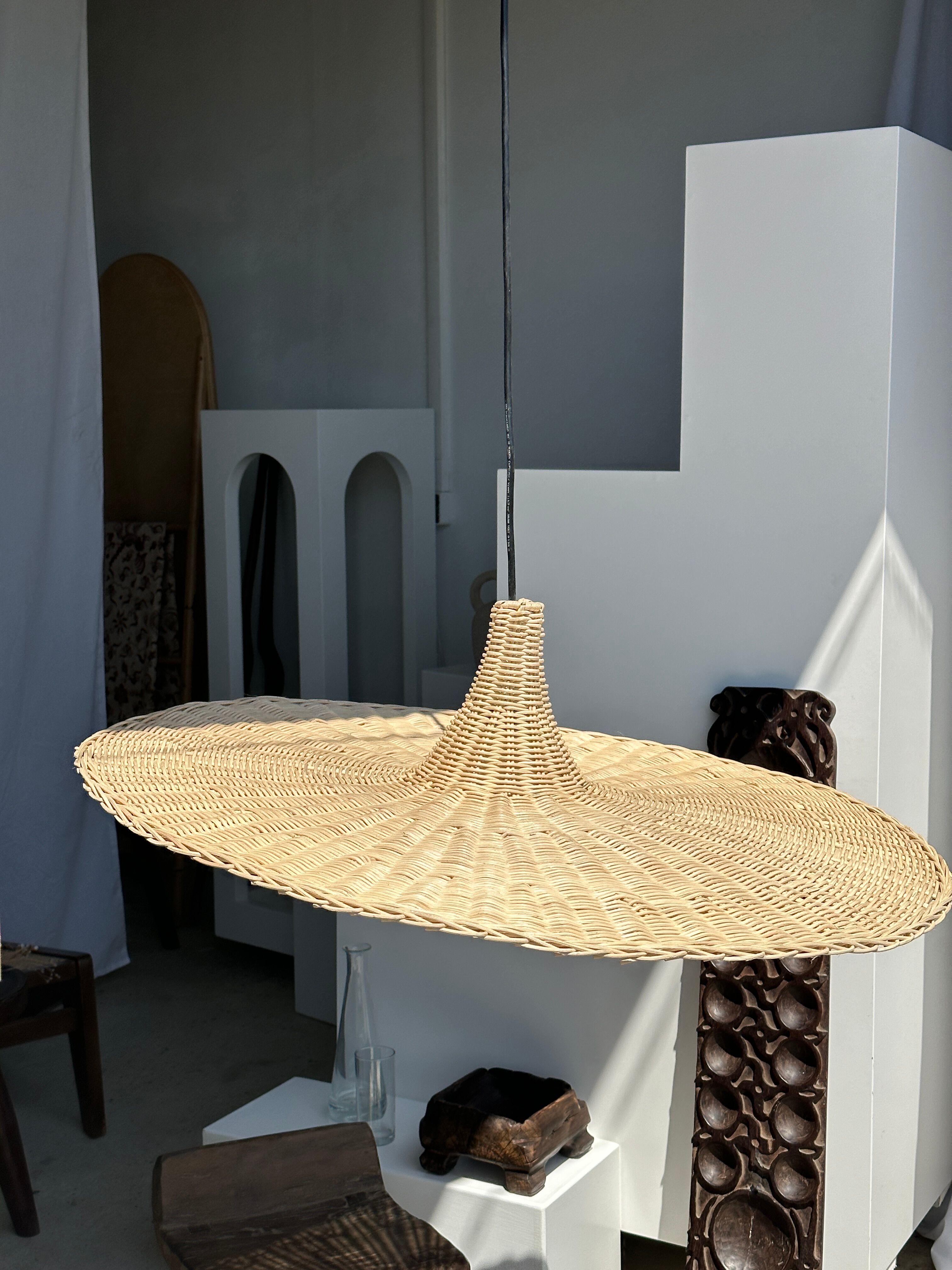 Large suspension, rattan luminaire in hat shape D:80cm