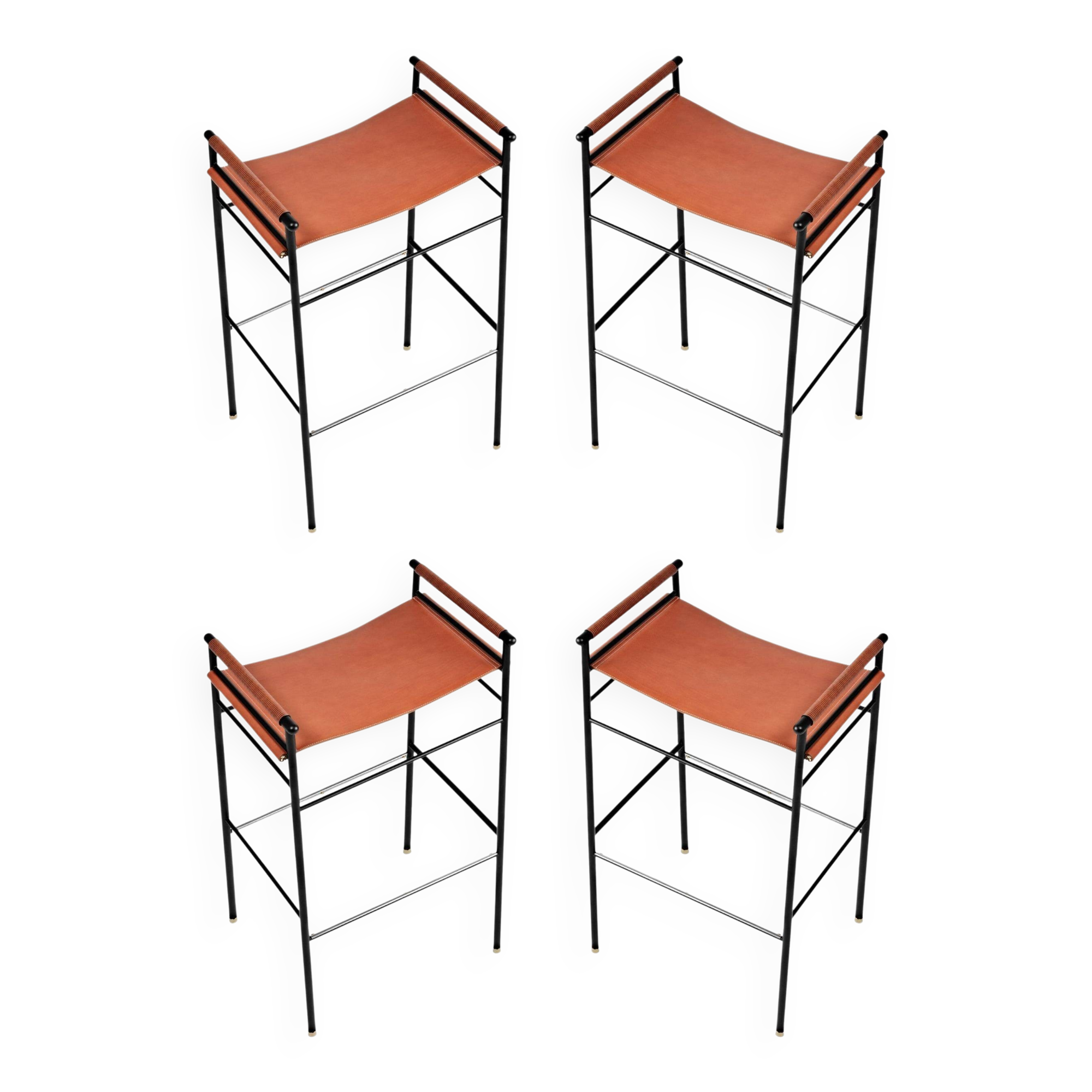 Lote de 4 Taburetes de Bar Contemporáneos Piel Tabaco Natural y Metal Caucho Negro