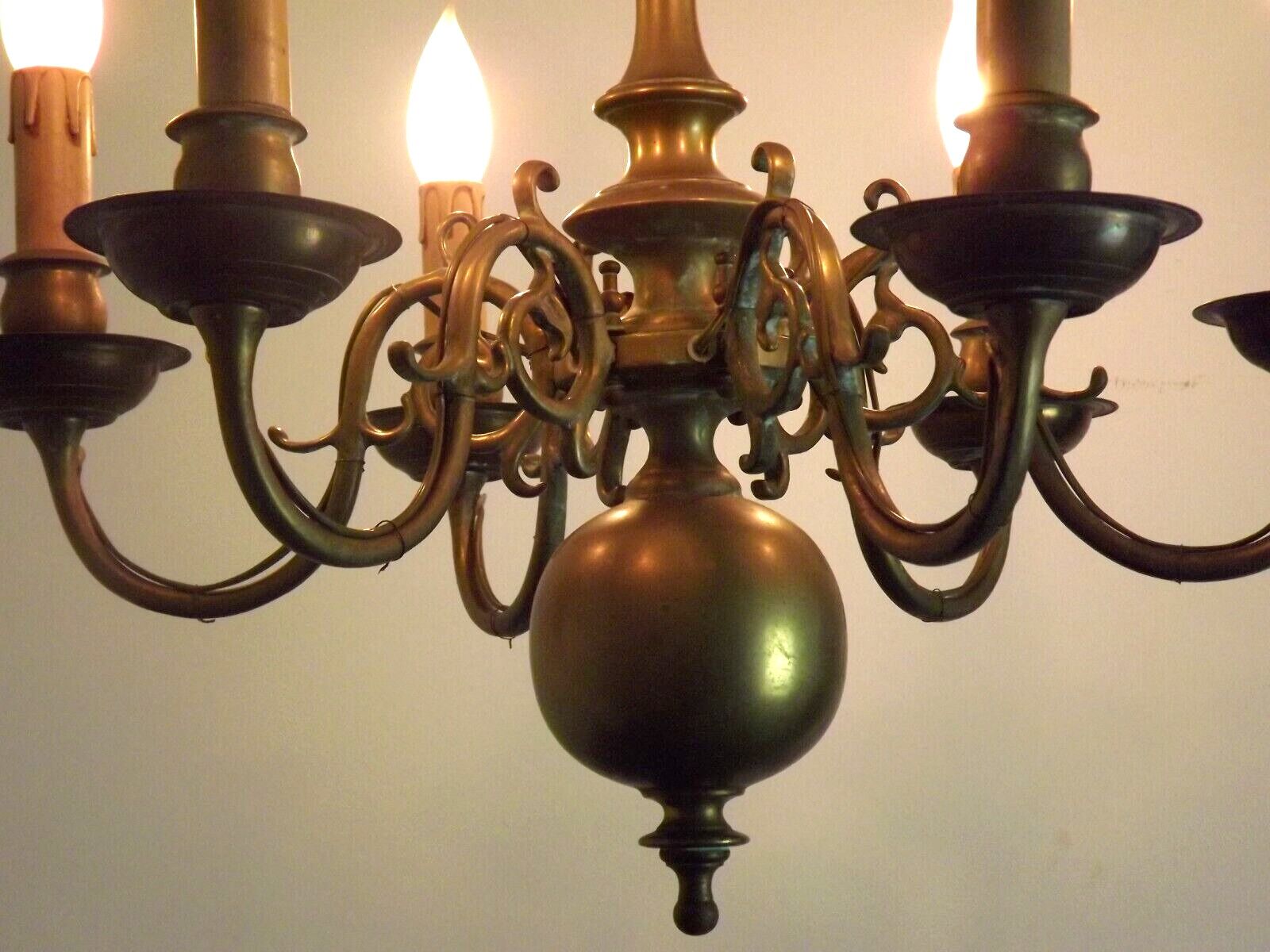 Vintage French 6 Light Heavy Brass Flemish Style Chandelier Card Drips 4050