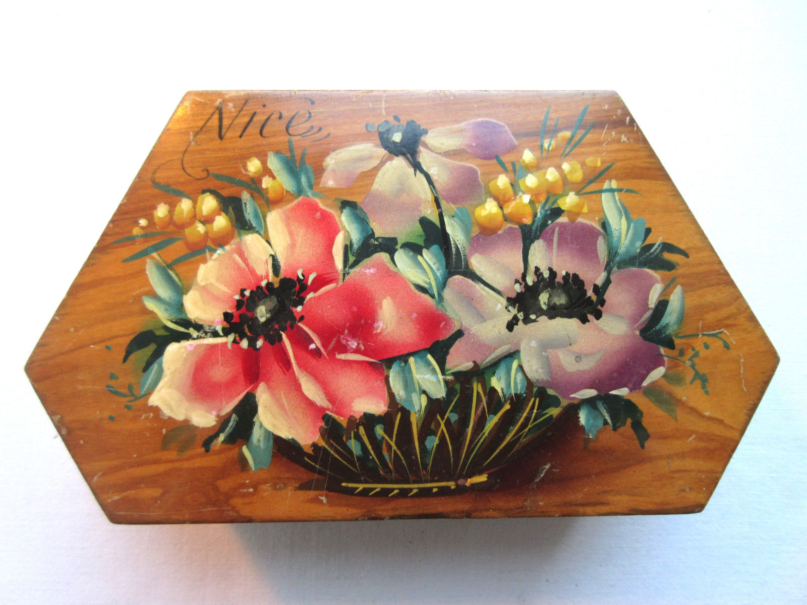 Art Deco jewellery box painted olive wood from Mimosa and Anémones, NICE