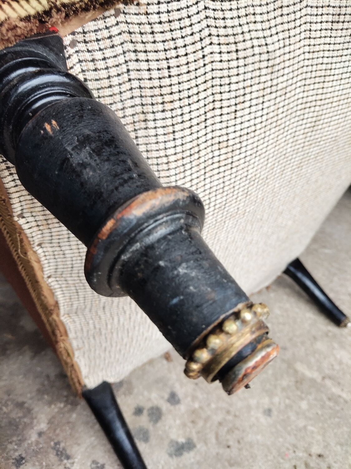 Antique brown velvet tub chair – turned legs and brass rings.