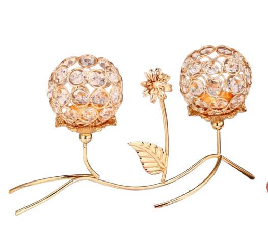 Golden Crystal Double Head Flower Candle Holders - Luxury Candlelight for Homes, Romantic Dinners