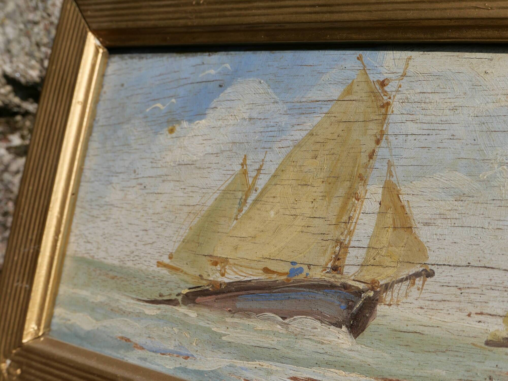 Mirror trumeau sailboat oil painting on wood