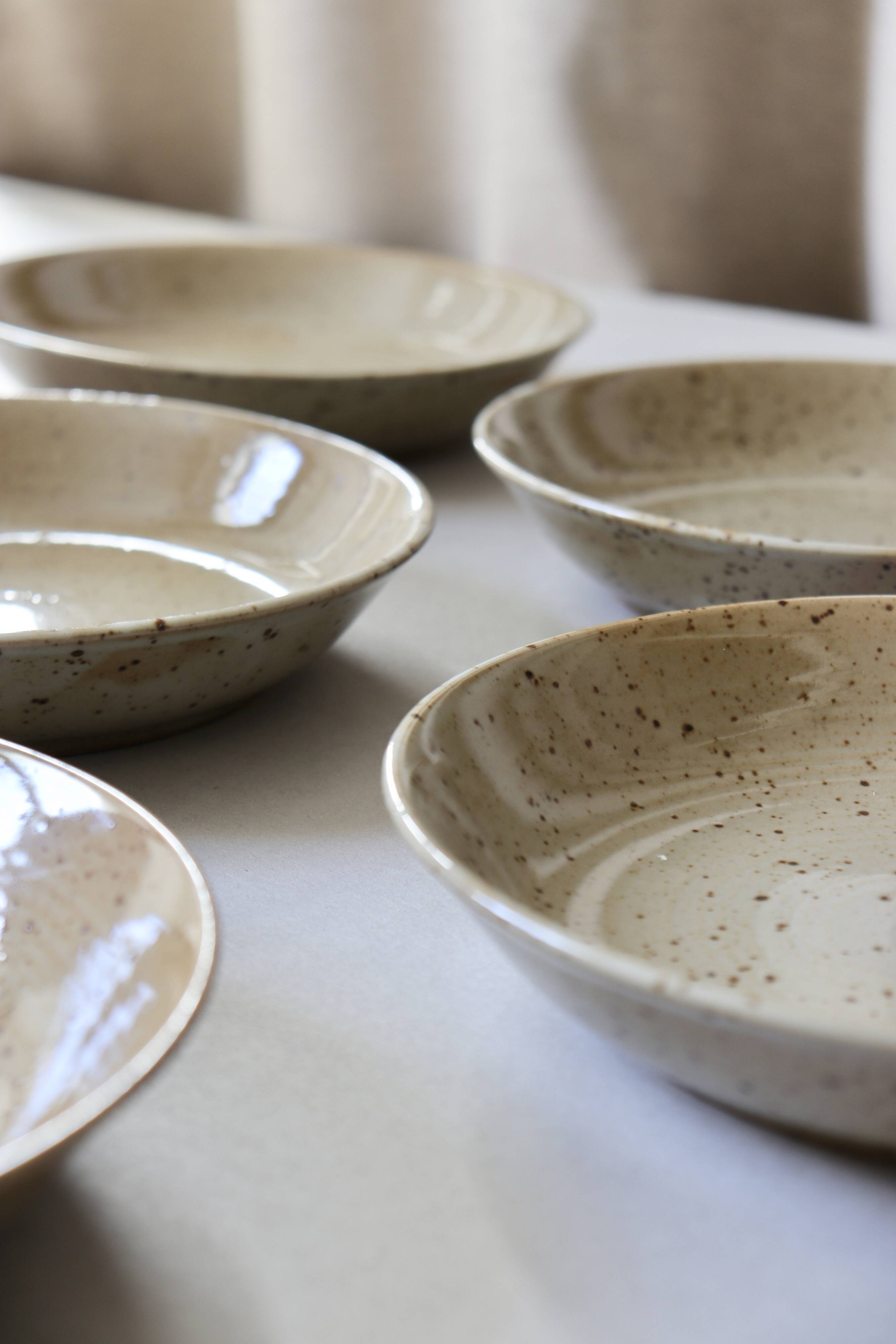 7 speckled stoneware plates