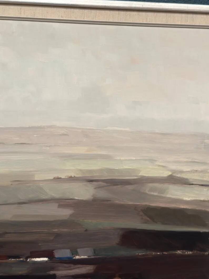 Oil on panel original Swedish - "House in a flat landscape" by Evert Färhm - Dated 1968 - vintage and framed - 81 × 68 cm (31.9" × 26.8")