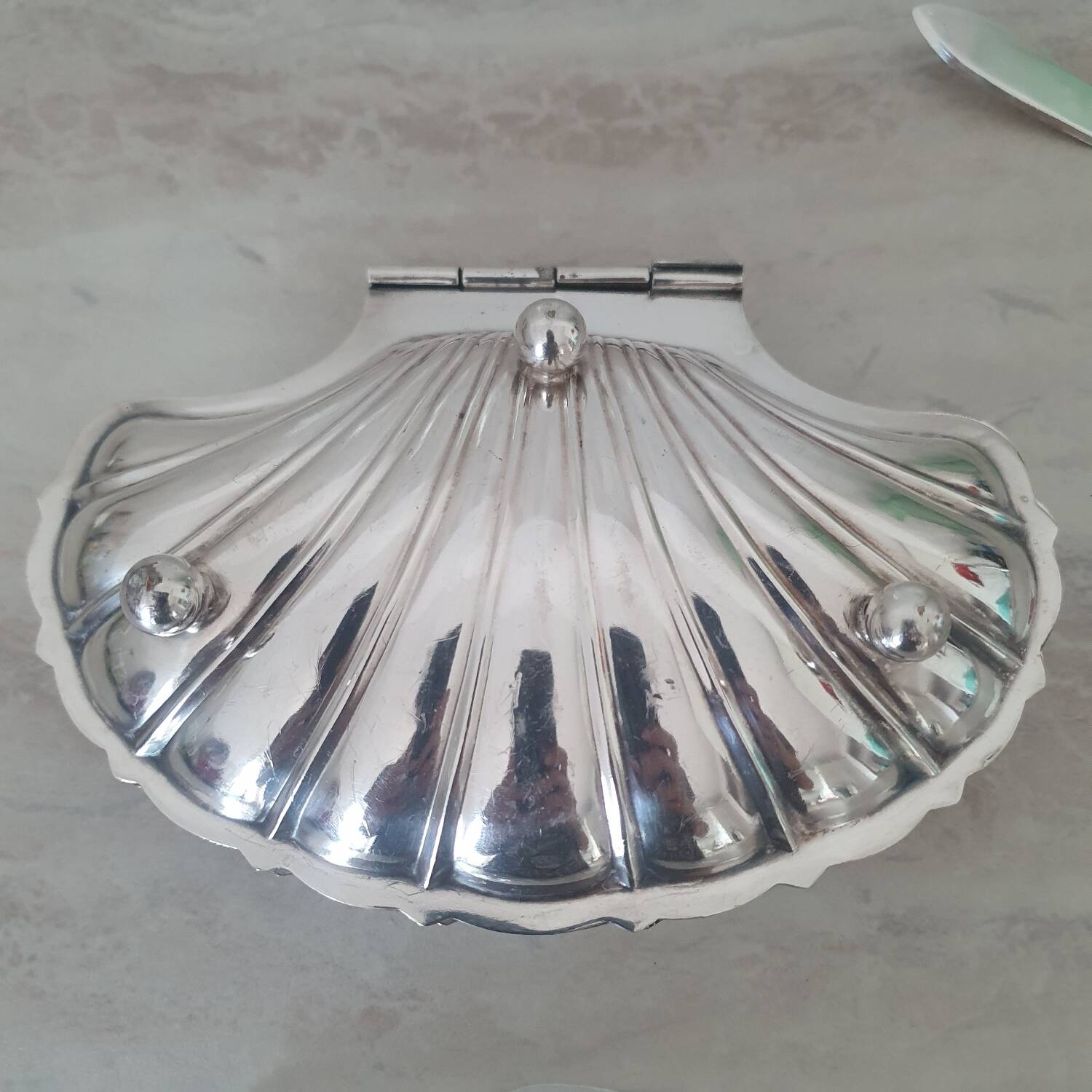 Deschamps Freres butter dish with silver-plated metal shell and V-shaped bowl