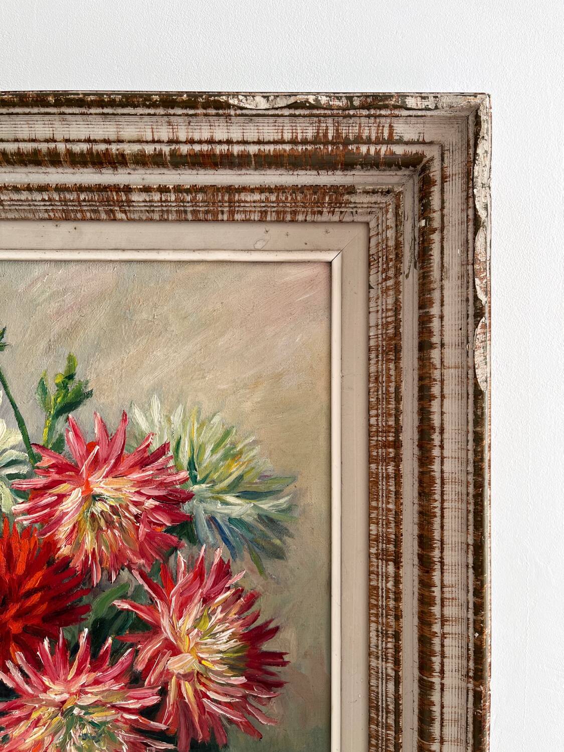 Peinture ancienne tableau huile sur toile fleurs dahlias 