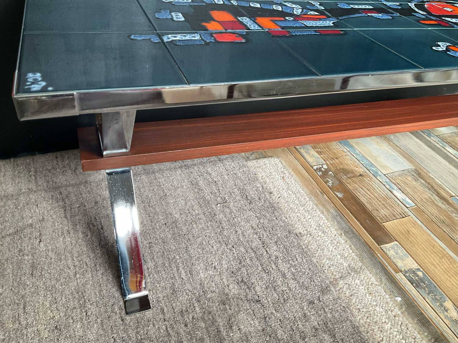 Coffee table in signed ceramic and chromed metal 70s