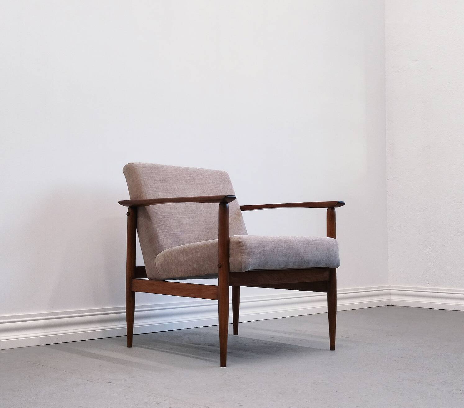 Mid Century Easy Chair in warm gray textile.