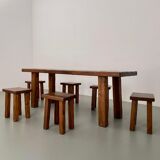 Solid elm dining set including 6 stools France 1970s