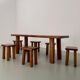 Solid elm dining set including 6 stools France 1970s