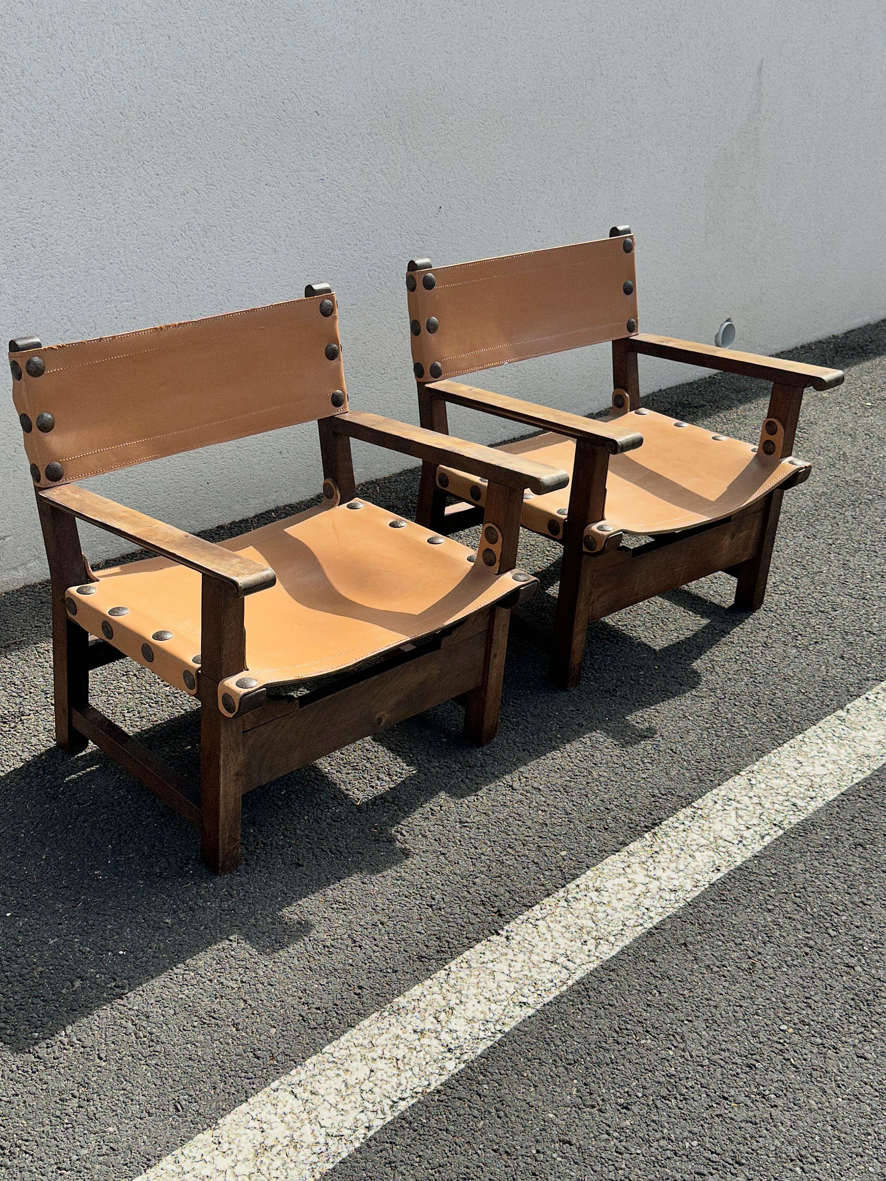 Brutalist armchair in wood and leather 60s