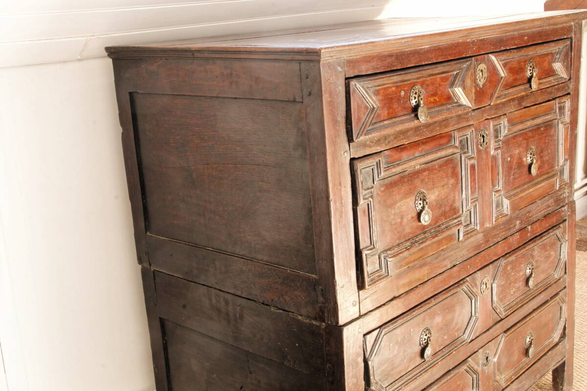 English chest of drawers; Charles II period, oak
