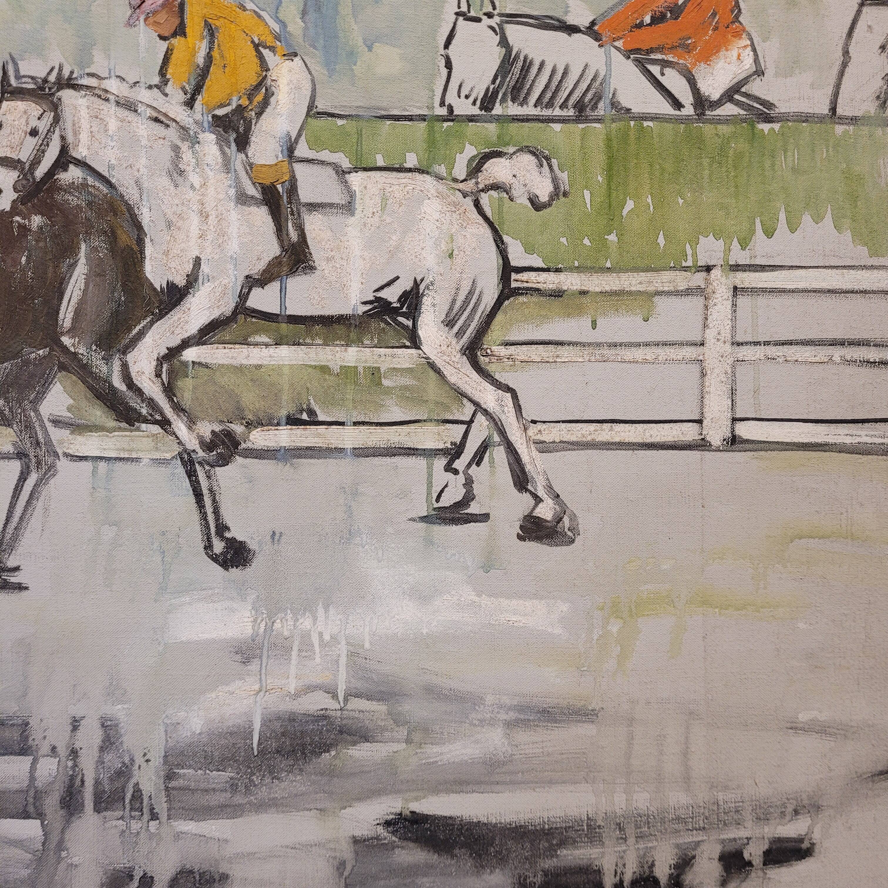 Acrílico sobre lienzo “Carrera de caballos”, León Lafourcade, ff. s. XIX