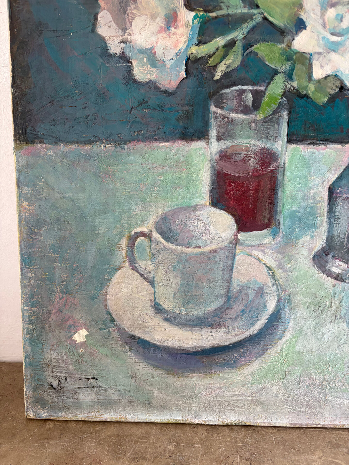 Nature morte - bouquet avec café et fruits, huile sur toile