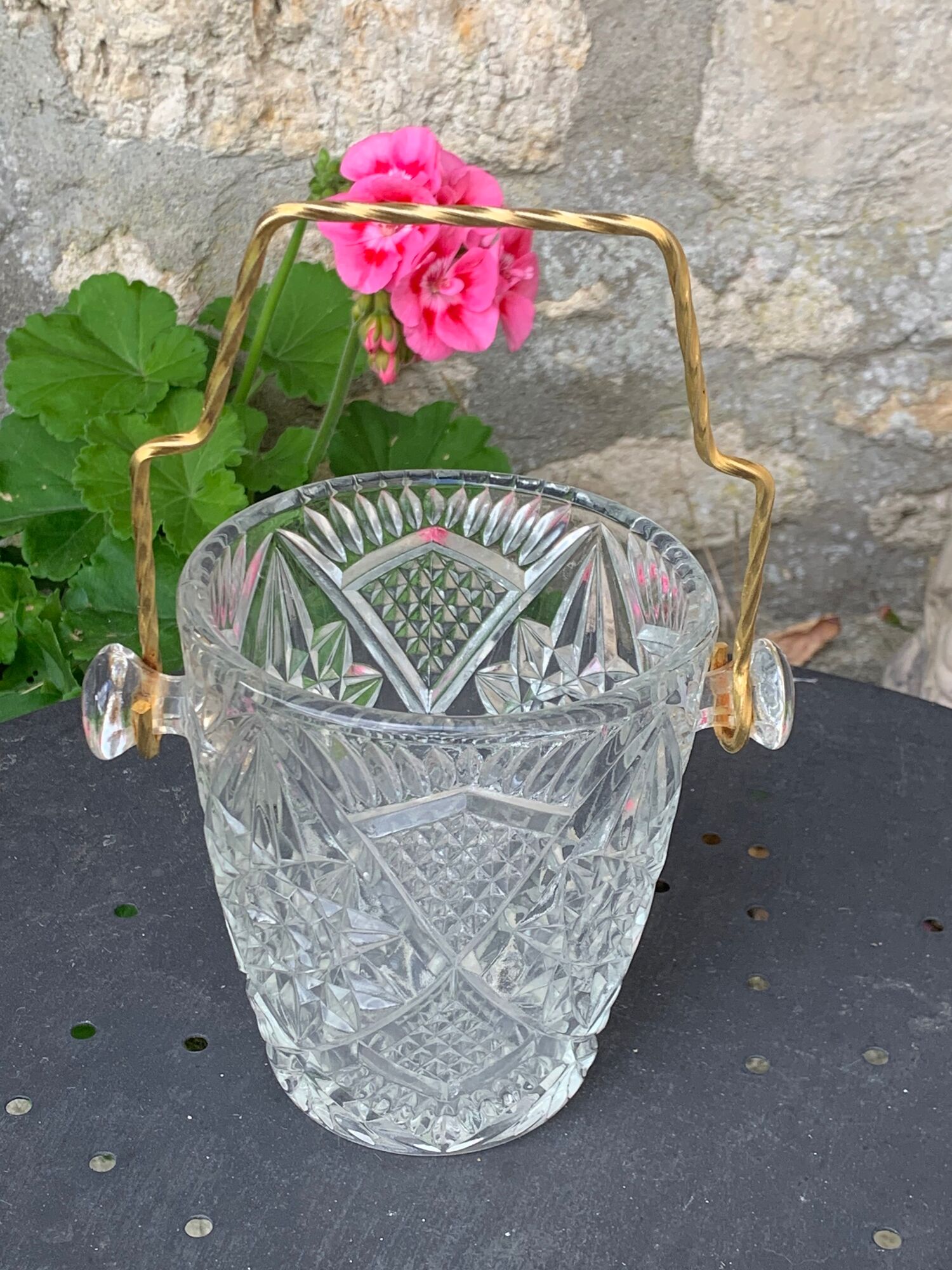 Ice bucket and whiskey decanter made of vintage chiseled transparent glass