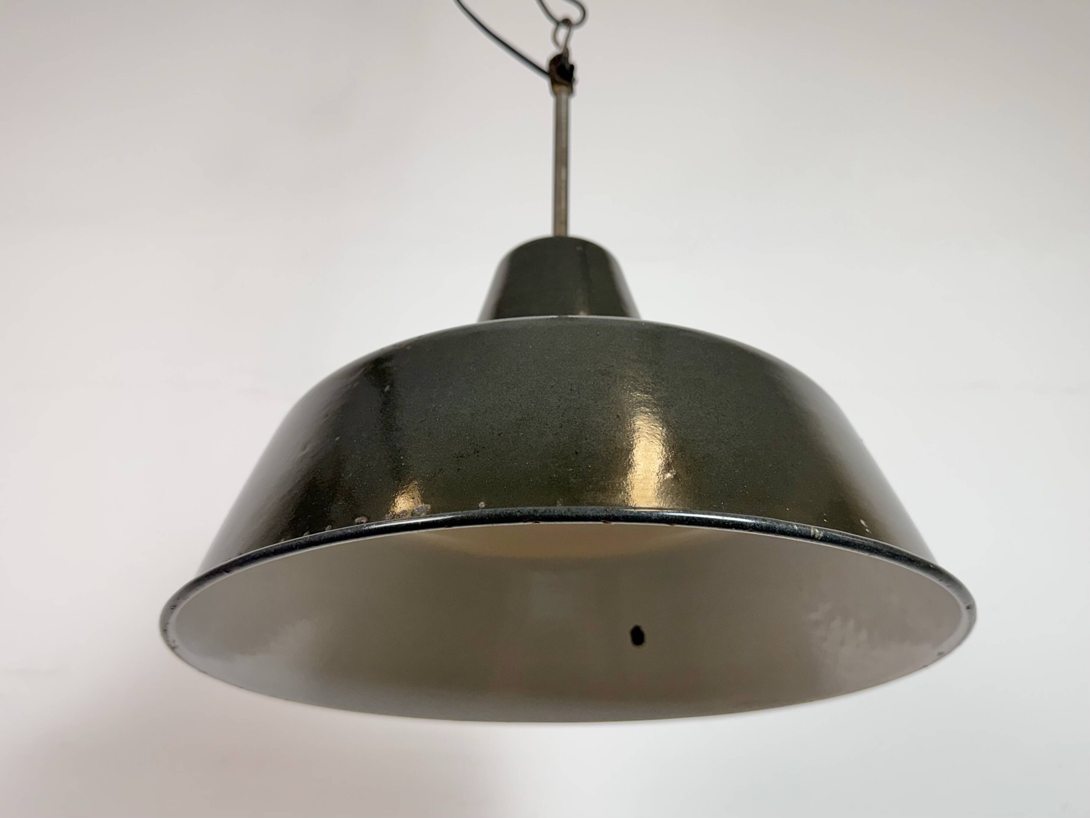 Industrial Black Enamel Factory Lamp with Iron Top, 1950s