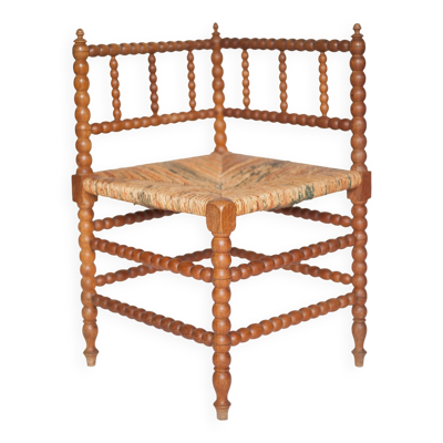 Chaise d'angle bois et cannage, chaise bobine ancienne, chaise d'appoint