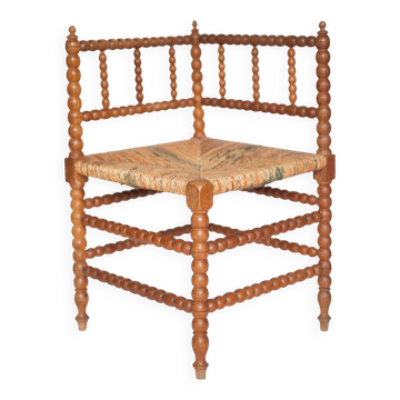 Chaise d'angle bois et cannage, chaise bobine ancienne, chaise d'appoint