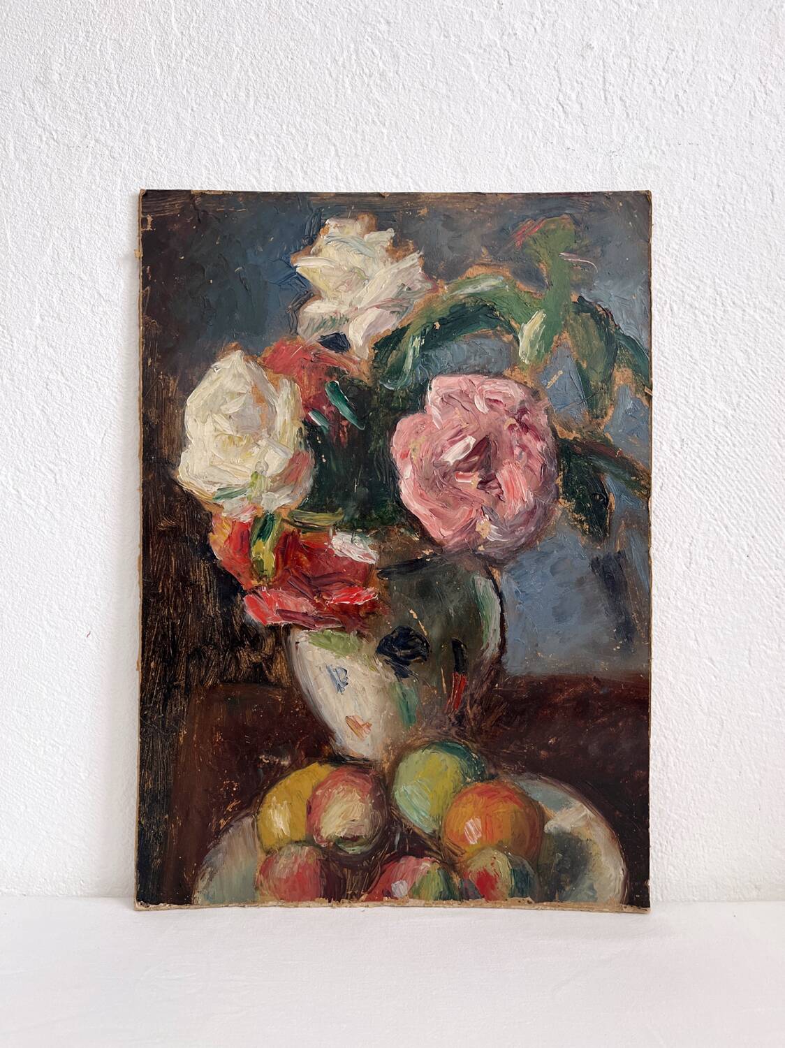 Old oil painting on cardboard bouquet of flowers and fruits