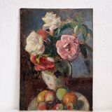Old oil painting on cardboard bouquet of flowers and fruits