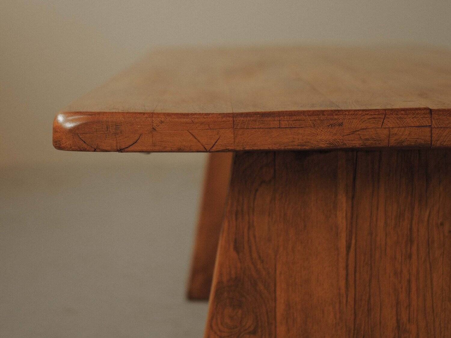 Brutalist dining table in solid oak, France, circa 1980.