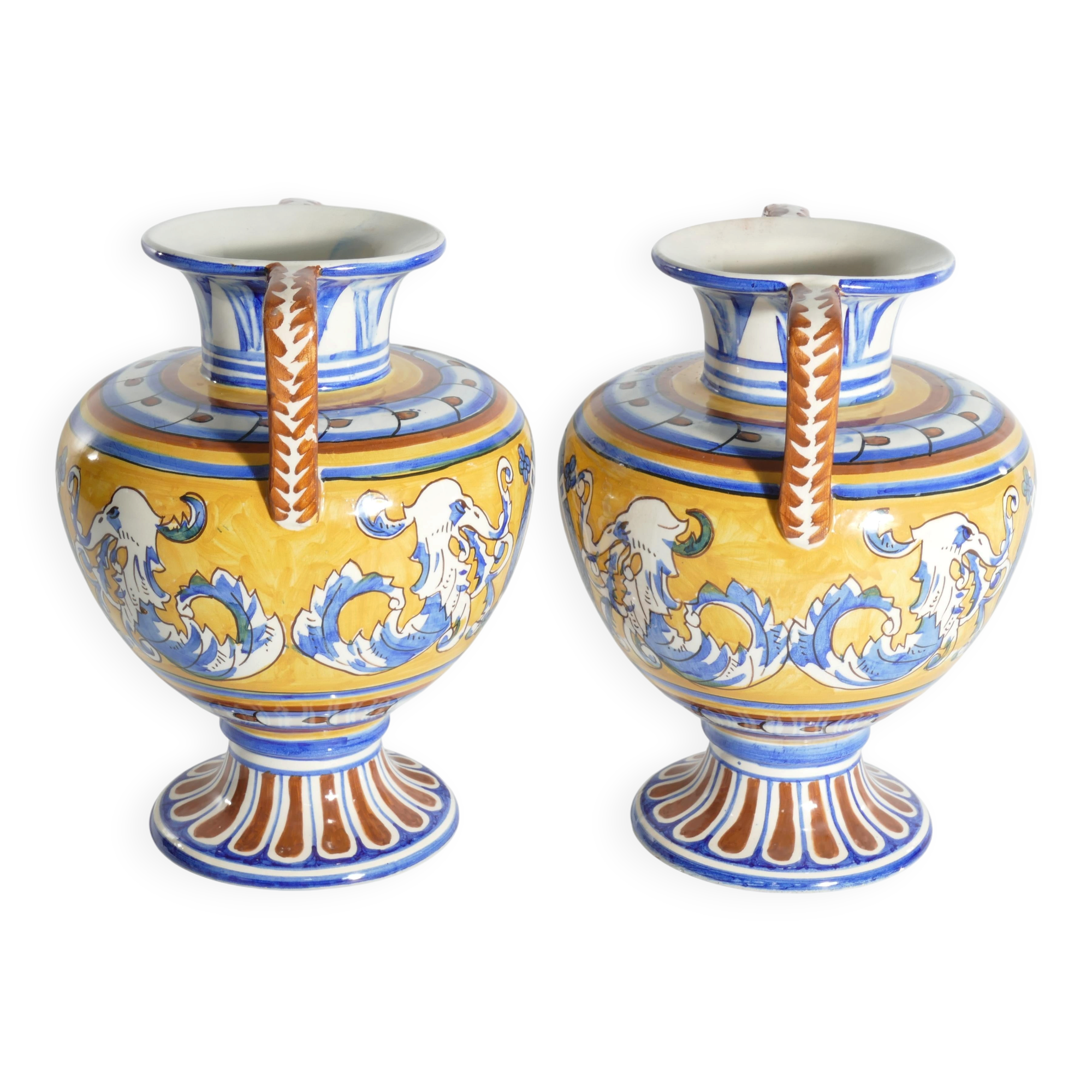 Large Hand-Painted Ceramic Double Handled Vases,  France, Set of 2