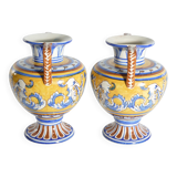Large Hand-Painted Ceramic Double Handled Vases,  France, Set of 2
