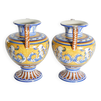 Large Hand-Painted Ceramic Double Handled Vases,  France, Set of 2