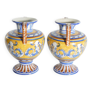Large Hand-Painted Ceramic Double Handled Vases,  France, Set of 2