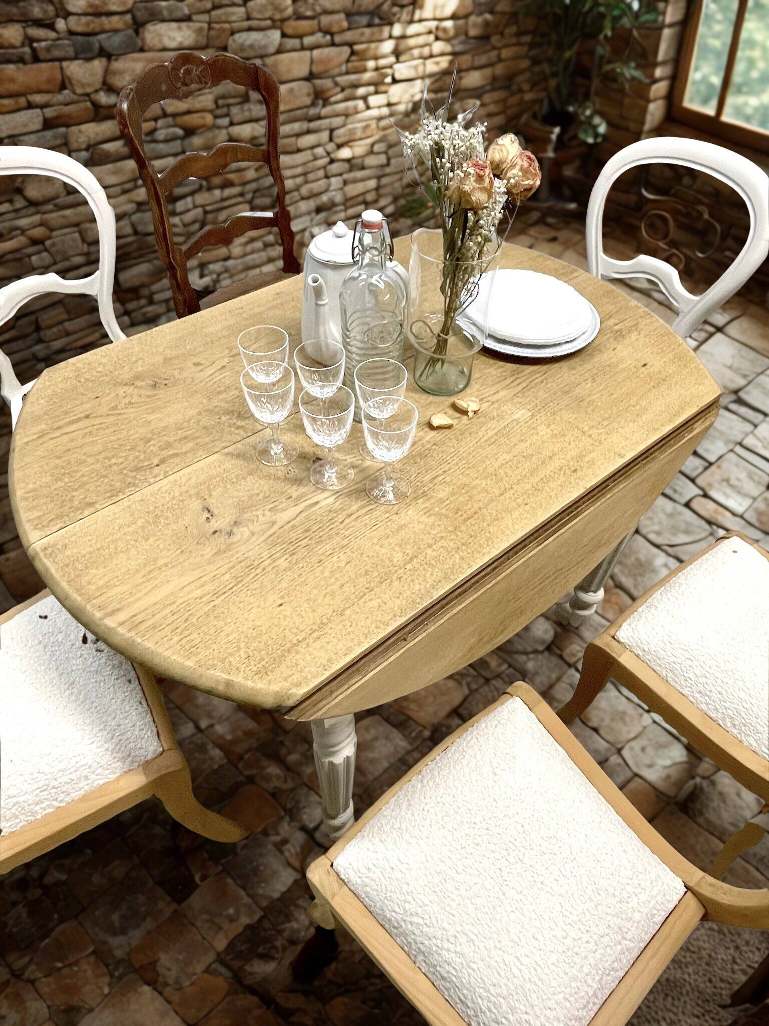 restored raw oak round table from yesteryear