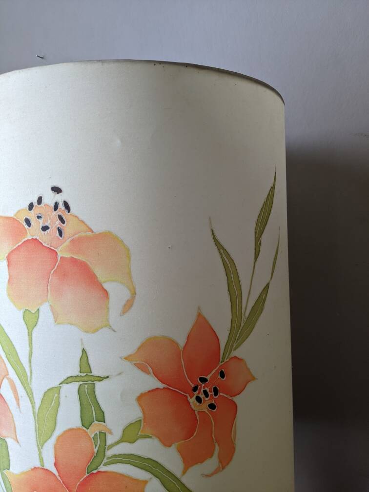 Vintage lamp with turned wooden base and silk lampshade, handcrafted floral decoration