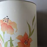 Vintage lamp with turned wooden base and silk lampshade, handcrafted floral decoration