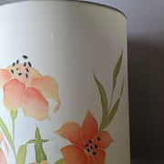 Vintage lamp with turned wooden base and silk lampshade, handcrafted floral decoration