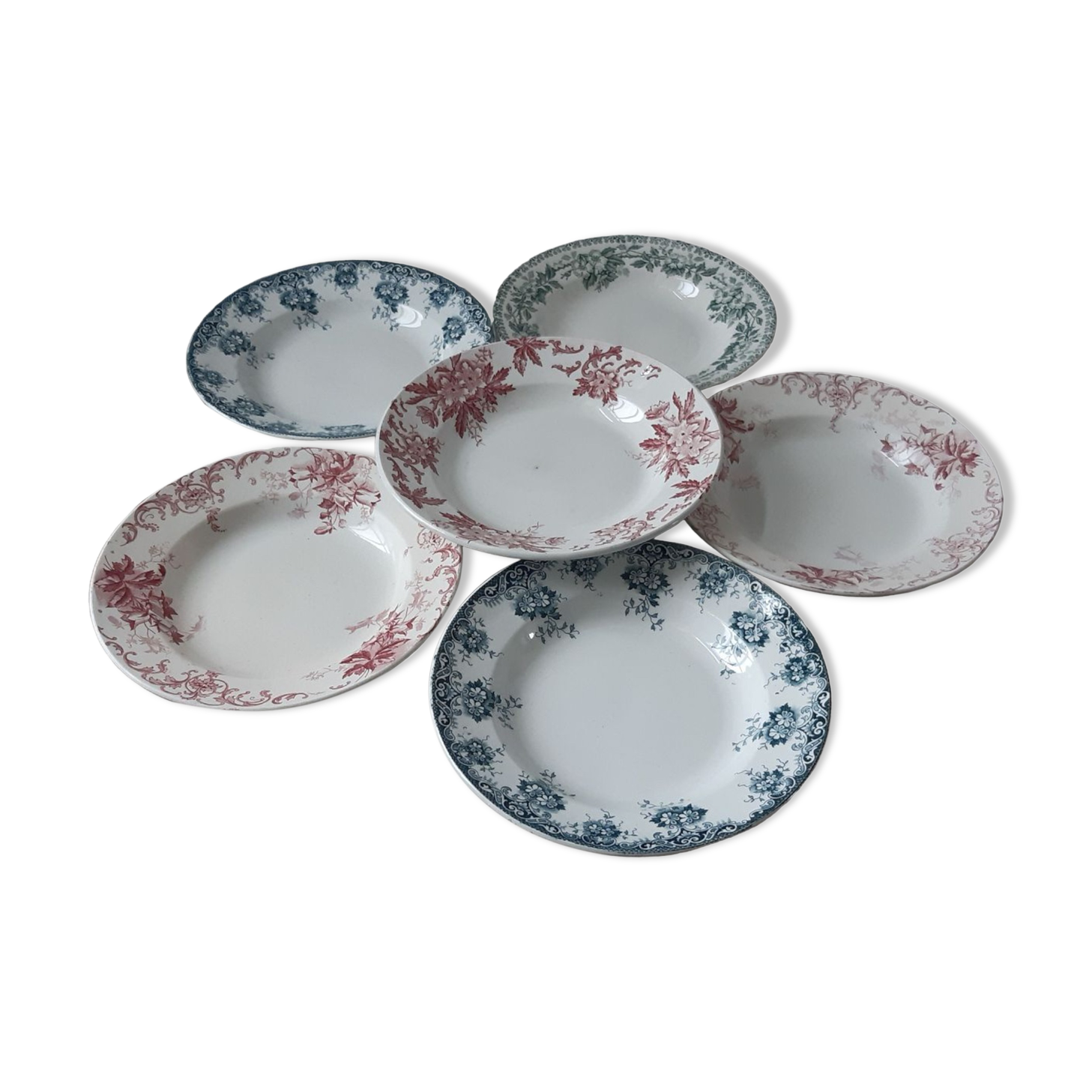 Set of 6 hollow plates Terre de Fer XIXth Saint Amand "Campanule" "Anémone"