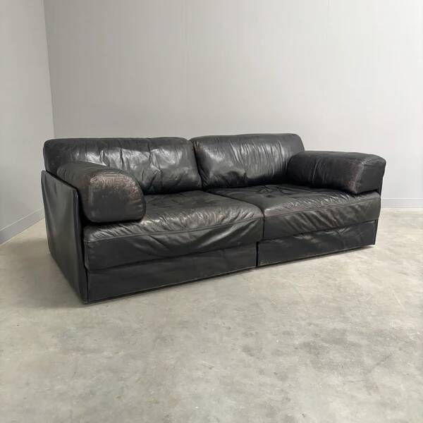 Vintage black leather sofa / daybed, 1970s